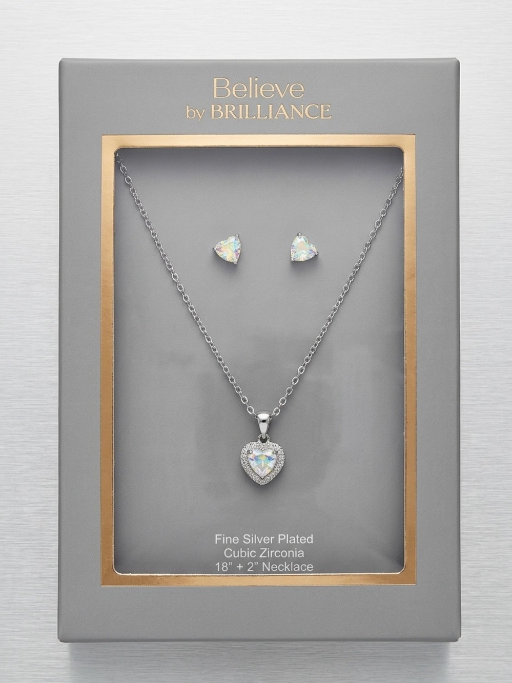Believe by Silver-Plated Heart Pendant Necklace with Matching Studs - White CZ